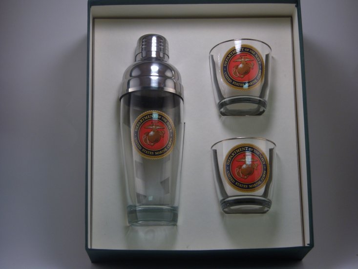 Marines, Cocktail Shaker Set w/2 Tapered Old Fashioned, Gift Box - Click Image to Close