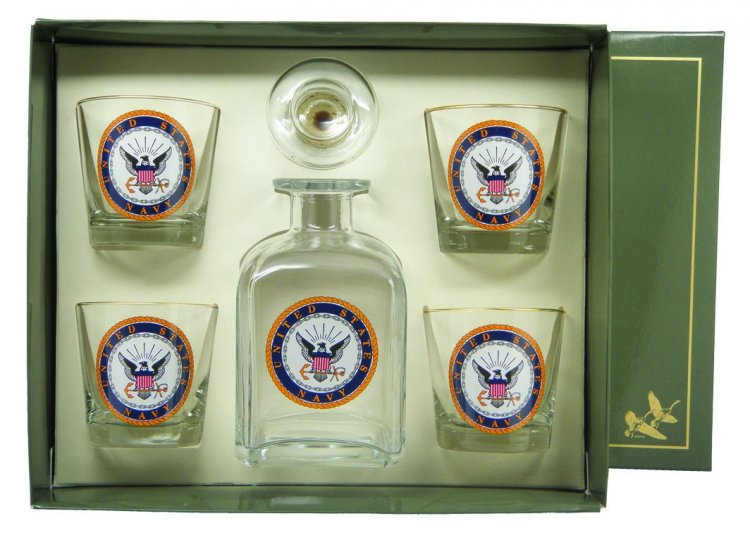 Navy, Decanter Set w/4 Tapered Old Fashioned, gift Boxed - Click Image to Close