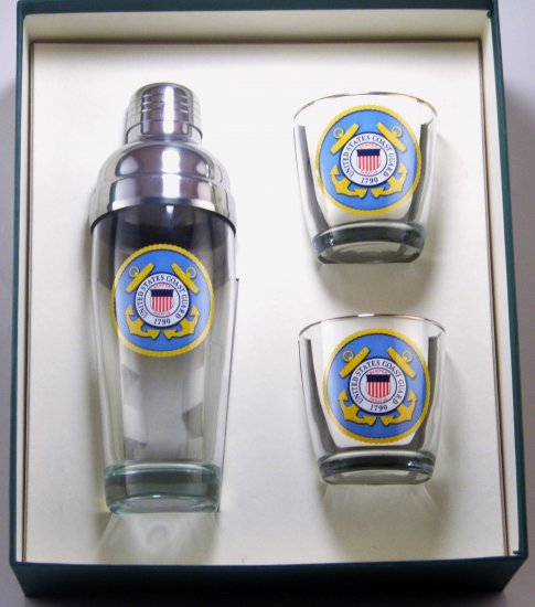 Coast Guard, Cocktail Shaker Set w/2 Tapered Old Fashioned, Gift - Click Image to Close